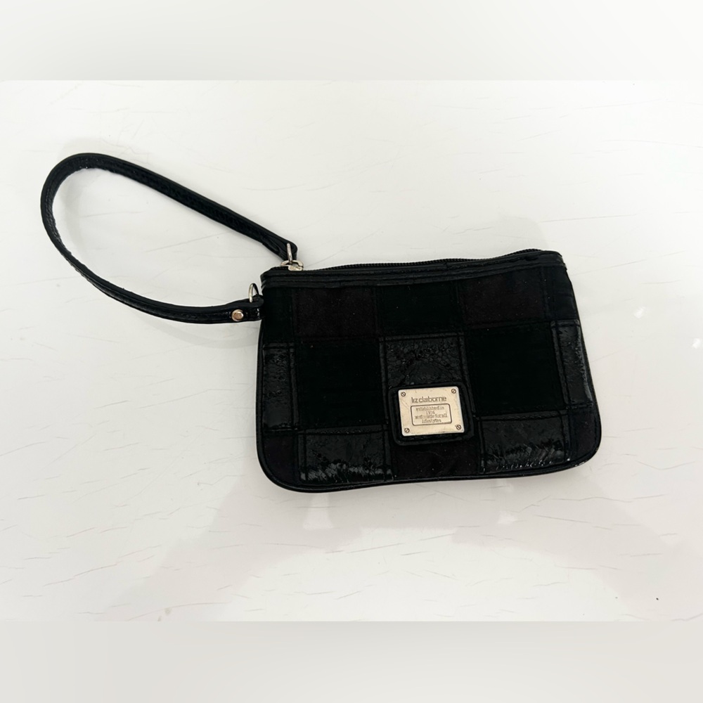 Liz Claiborne Black Patchwork Wristlet Zipper Card Slots Small Compact